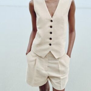 Beige Buttoned Vest and Shorts Set